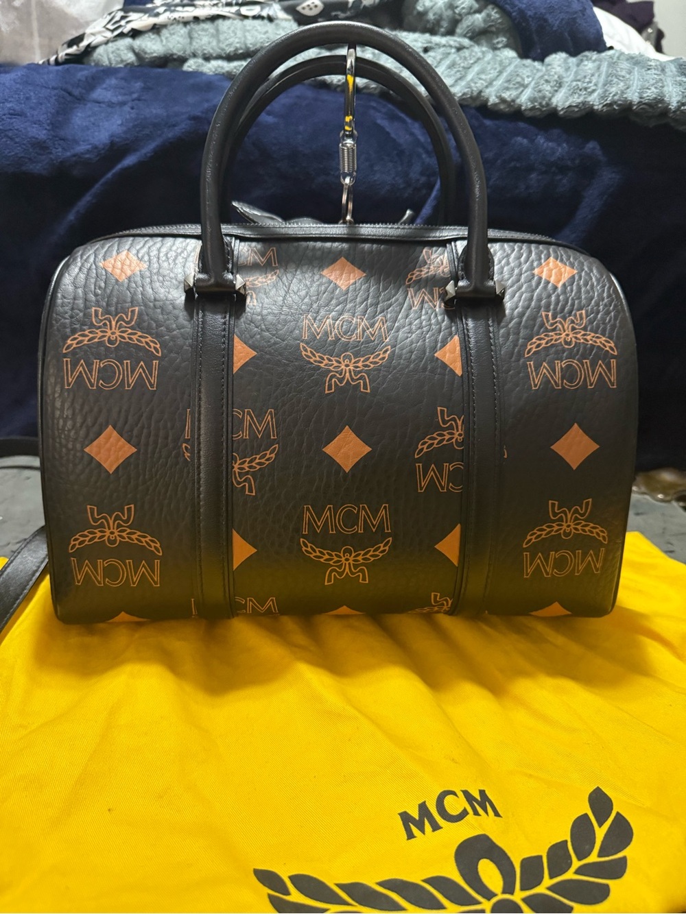 MCM Visetos Black Logo Boston Bag with Charm